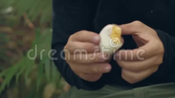 男子游客剥皮和吃煮鸡蛋坐在森林露营视频的预览图