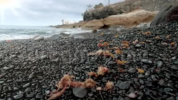 阴天在空旷的海滩上海浪翻滚和破碎的4K杜利视频视频的预览图