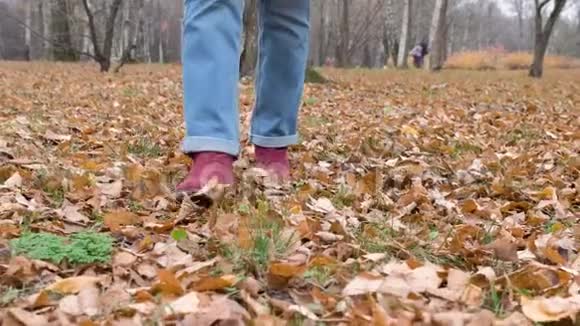 穿蓝色牛仔裤的慢动作女性脚穿紫红色靴子在黄叶上行走视频的预览图