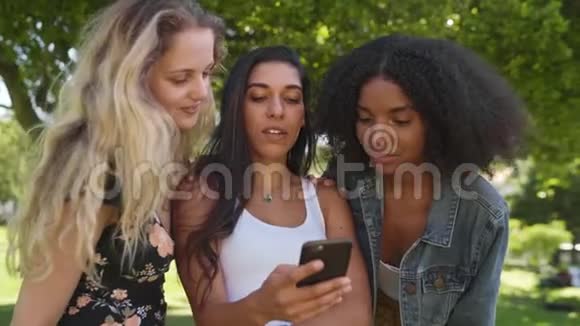快乐的多样化的年轻女性朋友正在公园的智能手机屏幕上观看内容公园里的朋友使用一个视频的预览图