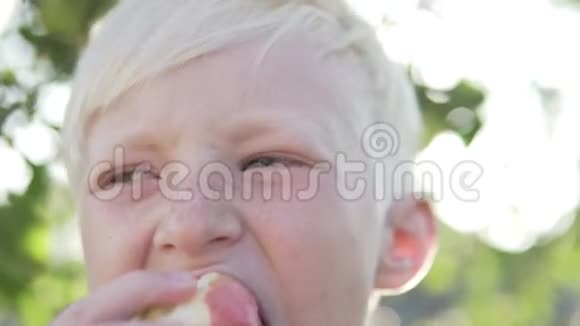漂亮的金发男孩在花园里吃苹果视频的预览图