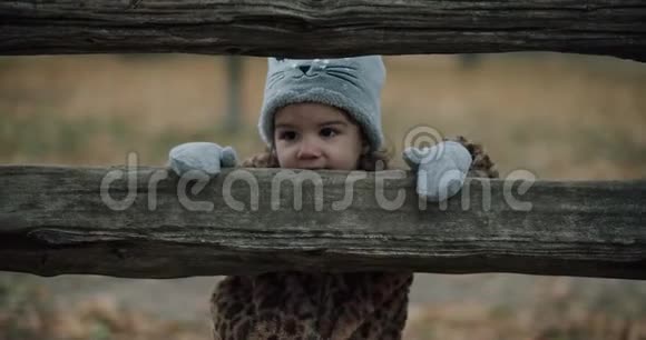 在黄昏的寒冷的秋日幼儿女孩在探索公园视频的预览图