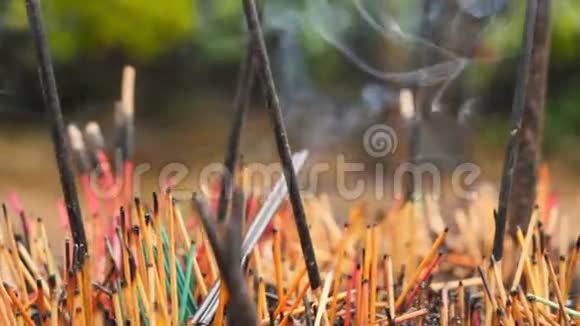 在佛教或印度教寺庙烧香棒的特写玩偶视频视频的预览图