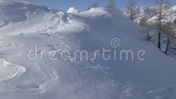 冬季阿尔卑斯山的全景一群徒步旅行者在雪地里行走视频的预览图