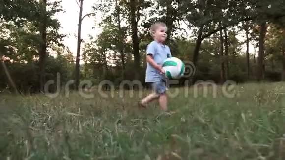 有孩子的成年人在森林草坪上踢足球视频的预览图
