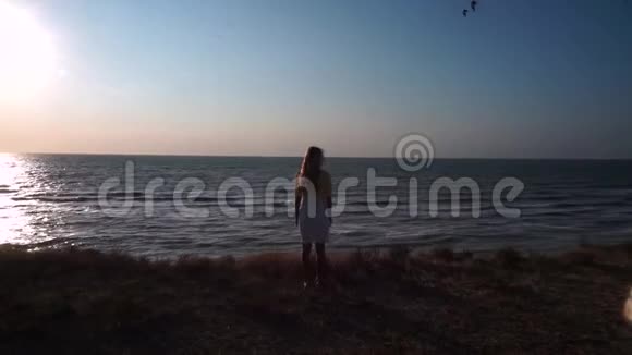 女孩站在海边的悬崖边上蓝天妈妈在飞翔海鸥视频的预览图