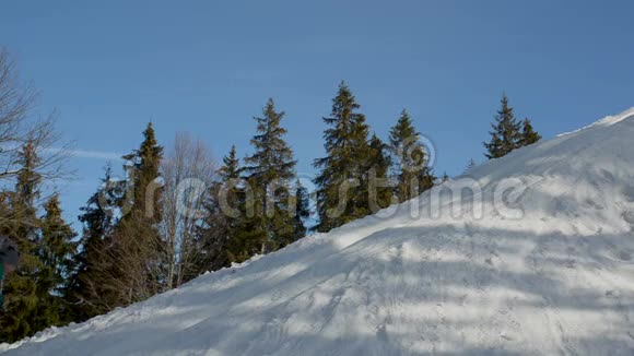 穿绿色夹克的男孩爬上一座高高的雪山冬日阳光明媚蓝天和云杉背景视频的预览图