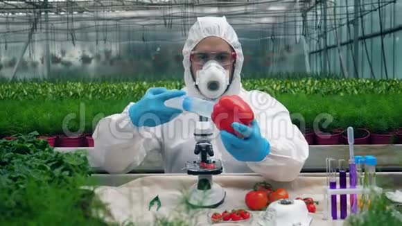 男科学家正在化学施肥蔬菜视频的预览图