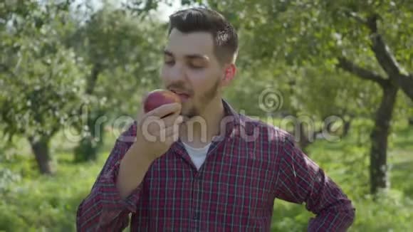 年轻自信的蓄着胡子的农夫在花园里散步吃着美味的苹果环顾四周检查着视频的预览图