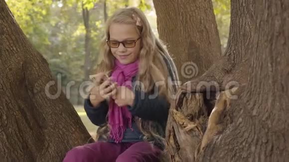 年轻笑容可掬的白种人少女戴着彩色眼镜手里拿着钱端着胜利的手势坐在上面视频的预览图
