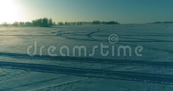 无人驾驶飞机观看寒冷的冬季景观北极的田野覆盖着霜雪的树木和清晨的阳光视频的预览图