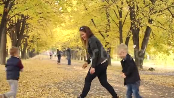 母亲和儿子在秋天公园玩落叶视频的预览图