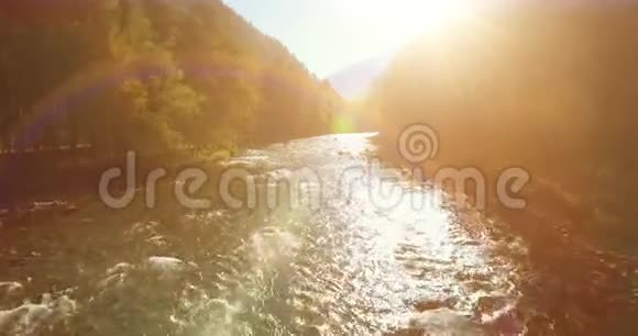 在阳光明媚的夏季早晨低空飞行在带岩石的新鲜快山河上视频的预览图