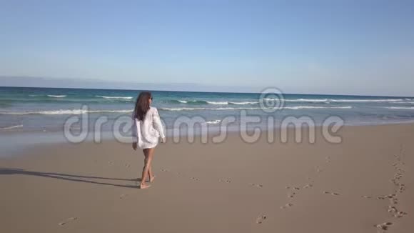 女孩独自在海滩上散步视频的预览图