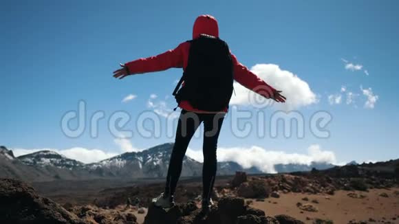 年轻女子徒步旅行者双手背着黑色背包在蓝天和蓝天的映衬下双手撑在山顶上视频的预览图