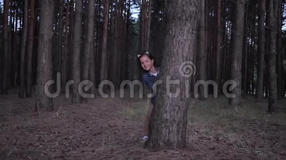童年时快乐的小女孩从树后窥视然后在度假时在森林里的一排排松树之间奔跑视频的预览图