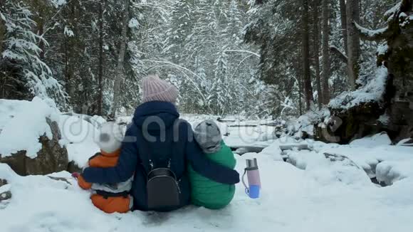 妈妈和她的两个儿子坐在一起拥抱在白雪覆盖的森林里冬季阴天后景视频的预览图