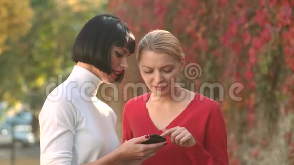 带电话的女孩两个女孩用智能手机户外生意青年博主博客概念女孩的户外画像视频的预览图
