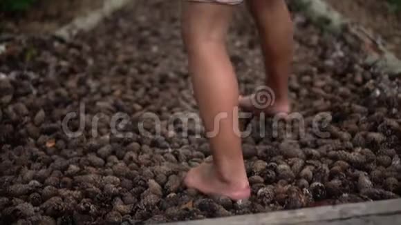 带着冷杉锥走过小路的赤脚女孩预防疾病视频的预览图