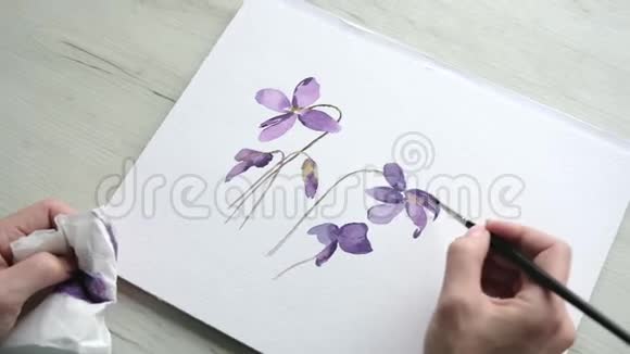 有创意的女艺术家用紫色的花朵遮荫视频的预览图