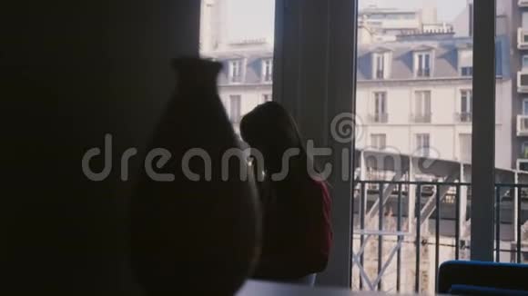 美丽的高加索首席执行官女商人使用笔记本电脑坐在巴黎的公寓窗口与惊人的旧房子视图视频的预览图