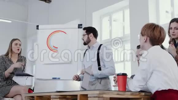 低角度专业年轻男性商业教练激励同事在现代办公会议慢动作红色EPIC视频的预览图
