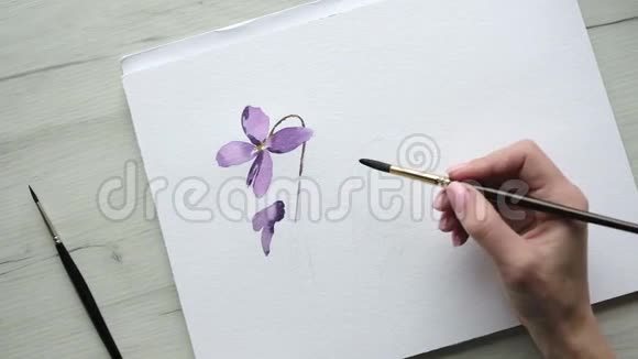 充满灵感的女艺术家画紫花视频的预览图