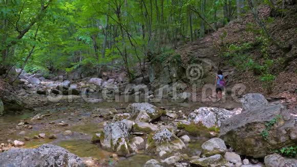一个孤独的亚洲女孩沿着峡谷底部沿着一条干净的山河行走视频的预览图
