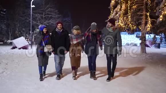 一群快乐的朋友在降雪下散步玩得开心慢动作交流人们在大雪纷飞的冬天视频的预览图