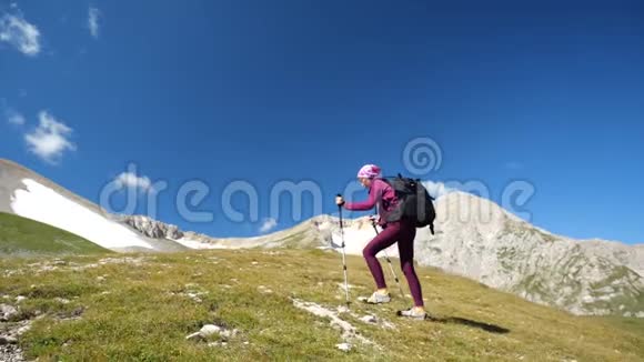 年轻女子带着背包和徒步旅行杆走上山顶慢动作女士停下来观察视频的预览图