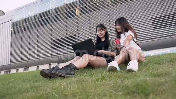 美丽的肖像两个愉快的微笑年轻的亚洲女朋友他们使用笔记本电脑坐在大草坪附近视频的预览图