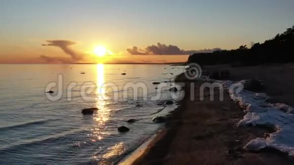 Dron日落时分飞越海岸风景如画的日落宁静的水沙滩树梢视频的预览图