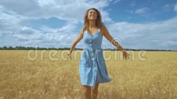 快乐的小女孩慢悠悠地跑过田野用手摸着麦穗美丽的自由女人视频的预览图