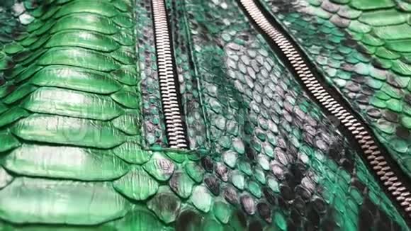 绿色蛇皮蟒纹理时尚豪华皮夹克特写视频的预览图