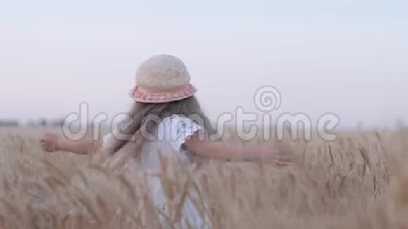 快乐的乡村童年戴着草帽的小可爱女孩开心地笑着在收割的麦穗上旋转视频的预览图