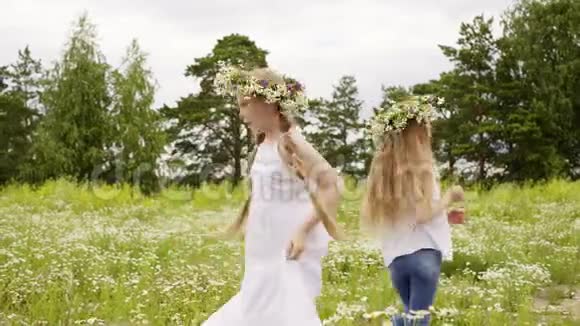 女孩旋转花在草坪夏季假日视频的预览图