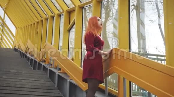 穿着红色裙子的年轻红发女孩在镜头前摆姿势视频的预览图