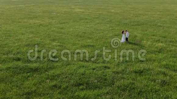 一对情侣站在一片绿草如茵的田野中间他们笑跳舞亲吻吸入视频的预览图