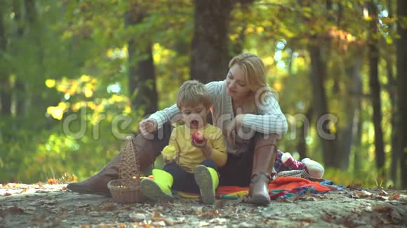 母亲和孩子儿子在秋天的大自然中玩得很开心快乐的母子在户外幸福的家庭在一起视频的预览图