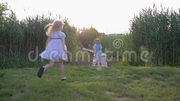 户外游戏活跃健康的儿童女孩和男孩在绿色的草地上玩追赶和在大自然的木桥上奔跑视频的预览图