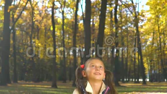 秋天温暖的阳光洒在公园里的小女孩身上视频的预览图