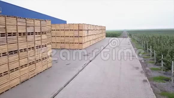 仓库的木托盘在人行道上从上面看从无人机射击视频的预览图