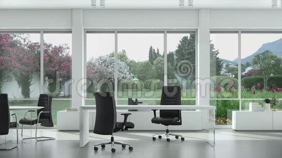 空荡荡的现代办公室有桌椅窗外有花园背景板彩色关键视频背景视频的预览图