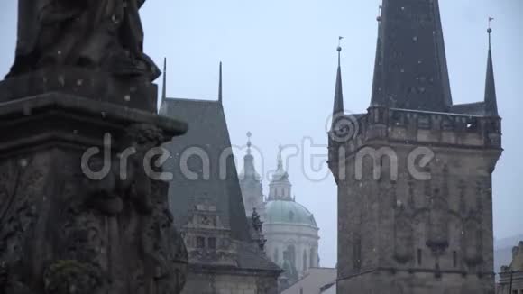 布拉格捷克共和国2019年布拉格城堡塔塔在降雪时朝查尔斯桥飞去视频的预览图