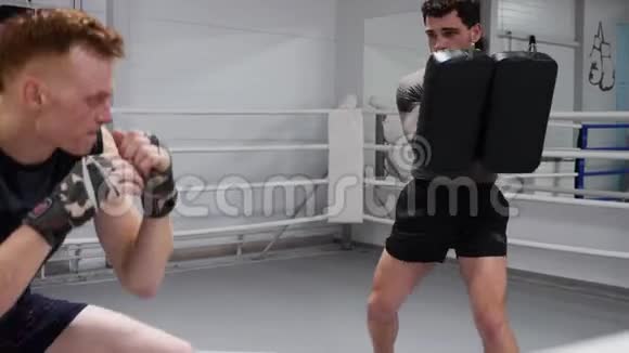 拳击手在教练的私人训练中用腿踢拳击垫拳击手训练打拳击场上的脚垫视频的预览图