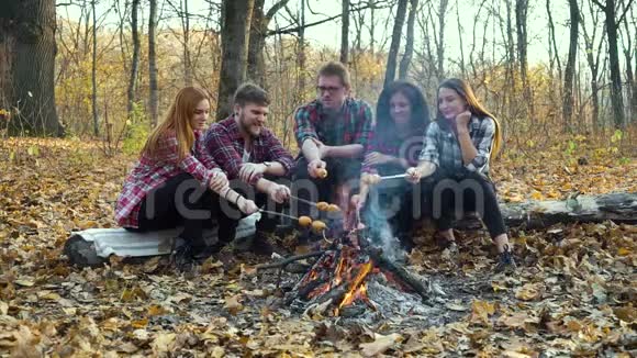 露营者在秋天的森林里露天烤香肠视频的预览图