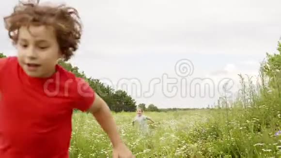 男孩和女孩暑假在花草地玩接球视频的预览图