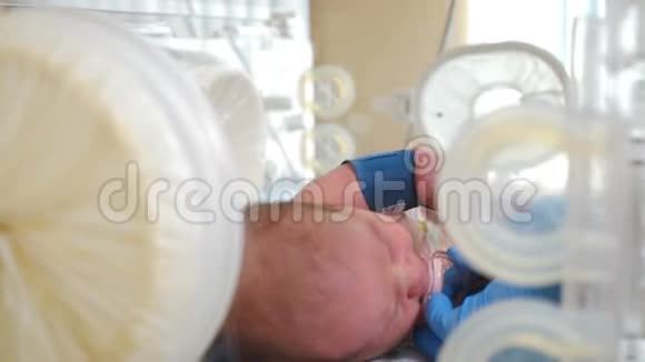 家和孩子健康的概念护士双手戴蓝色手套近距离接触新生儿头部脚及视频的预览图