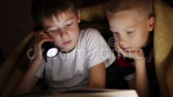 两个男孩晚上在毯子下看书视频的预览图