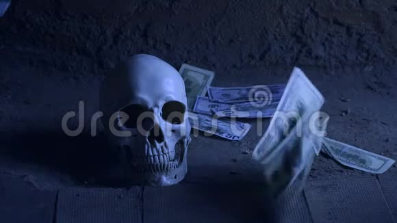 金钱贪婪的概念与人的头骨头骨和下降的钱视频的预览图